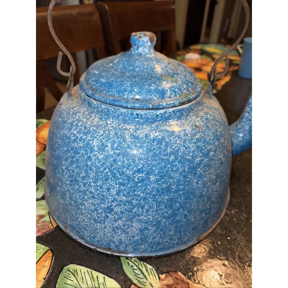 Antique Kettle German Graniteware Enamel Robin Egg Blue Wood Rare Cowboy Farm